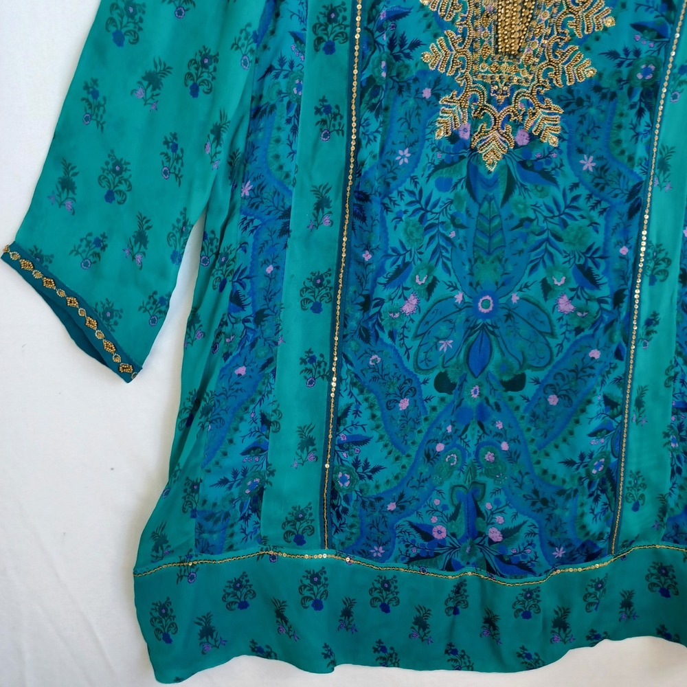 Soft Surroundings Teal Silk Blend Beaded Tunic Top Blue Paisley Boho Womens Sm - Picture 8 of 11